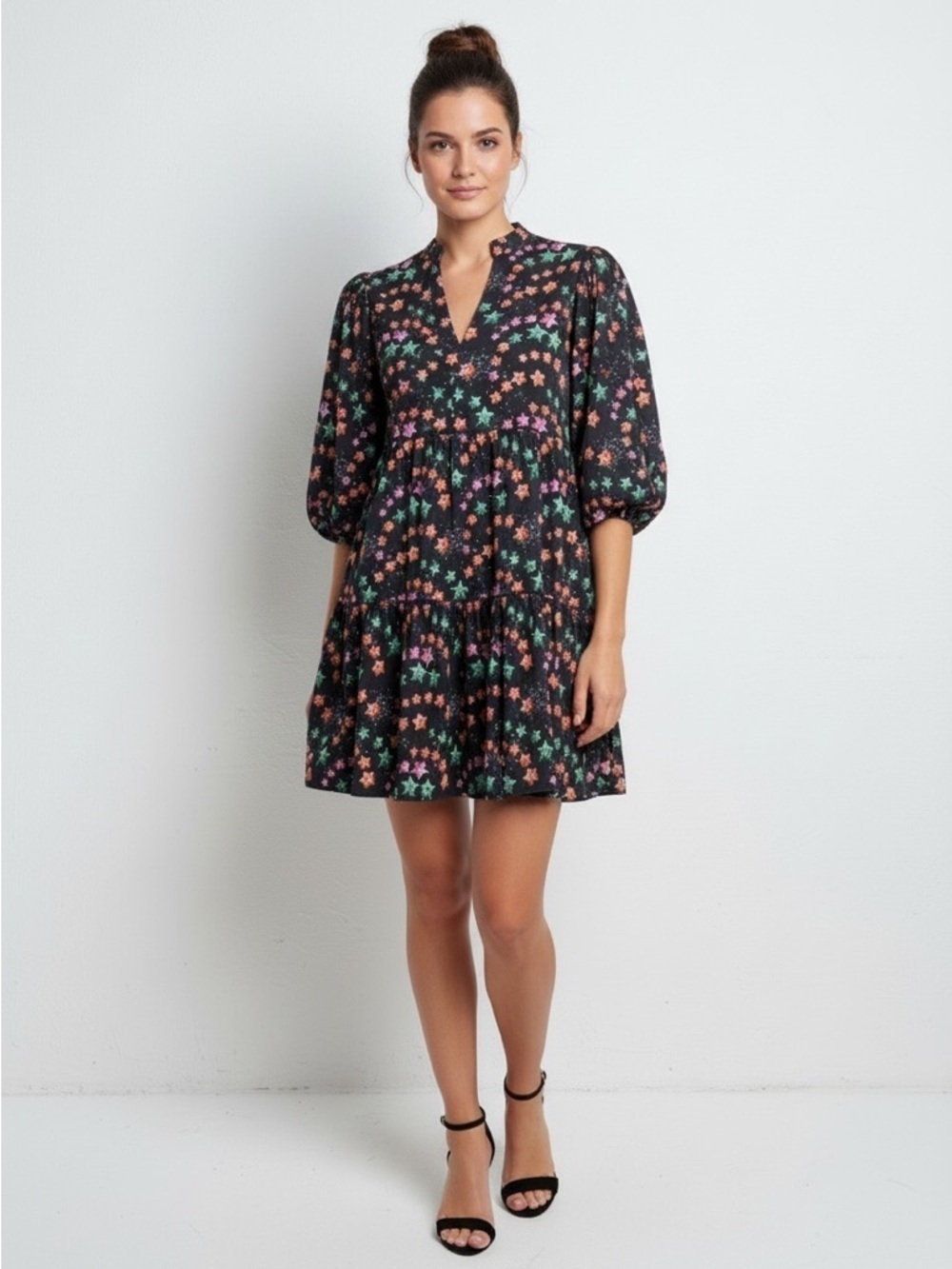 Anthropologie Briton Court Dark Galaxy Star Child Poofy Mini Dress Tiered Cotton